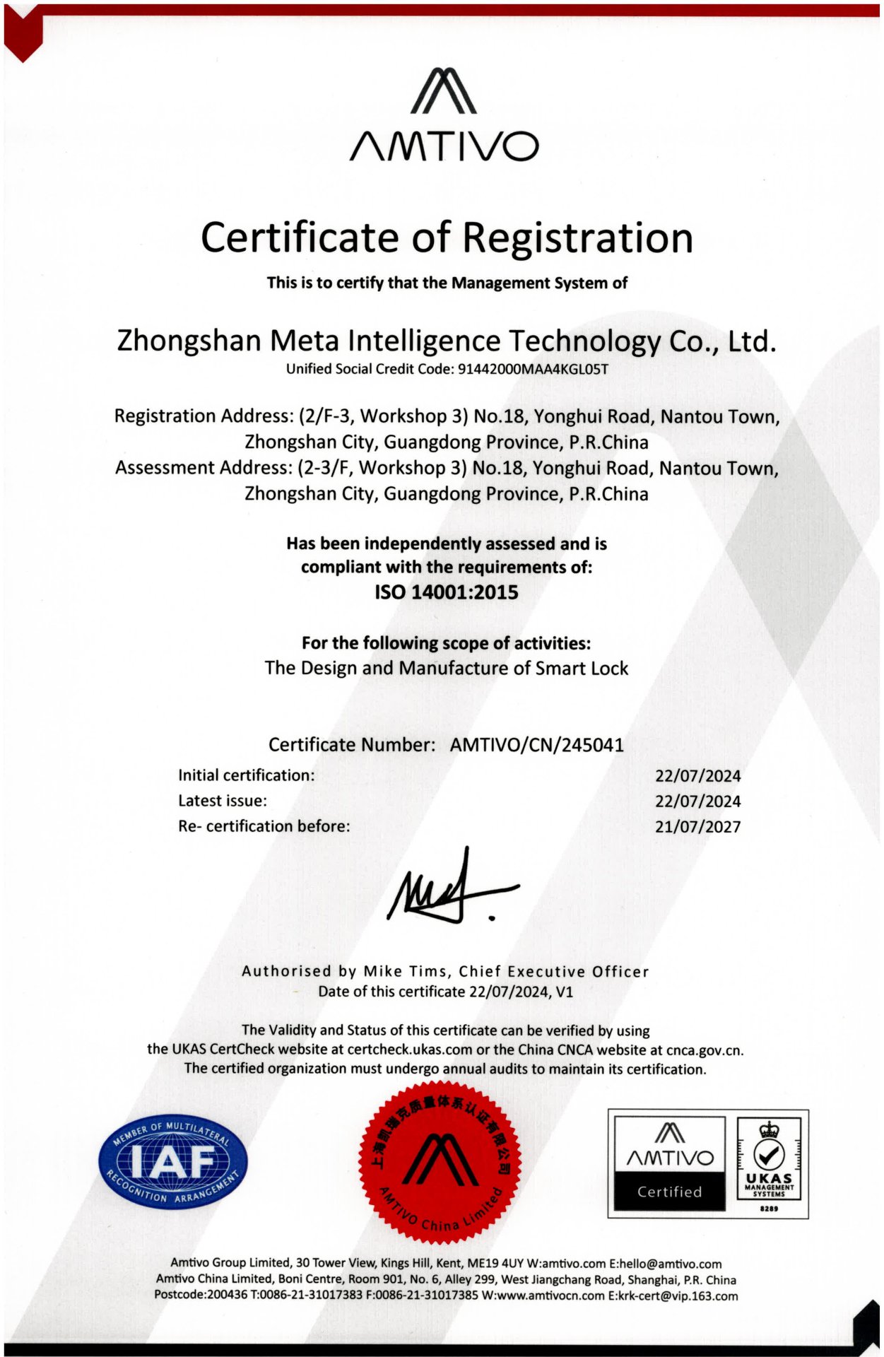 ISO 14001:2015 Certificate